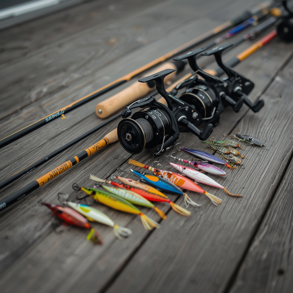 Close up photo of high quality fishing gear, rods, reels and colorful lures neatly arranged on a wooden deck, professional photography